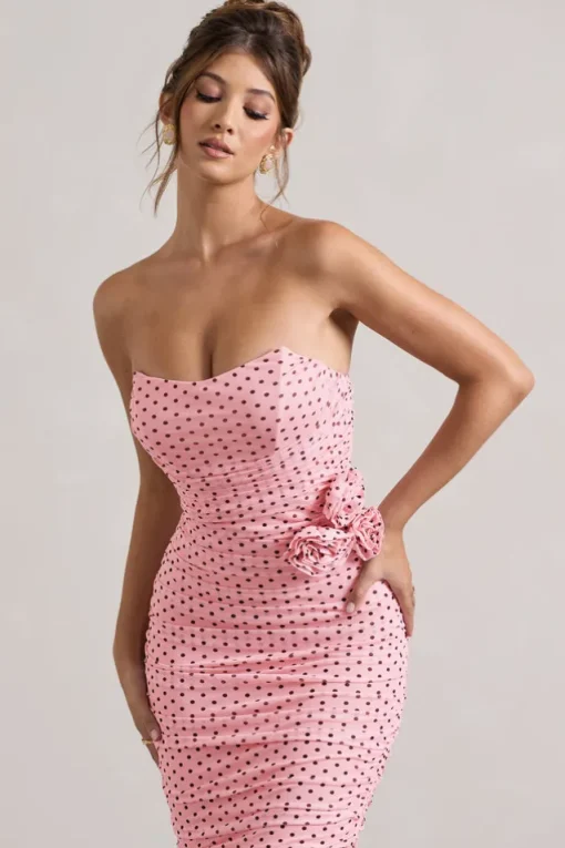 Lille | Pink Polka Dot Ruched Mesh Strapless Midi Dress With Corsage