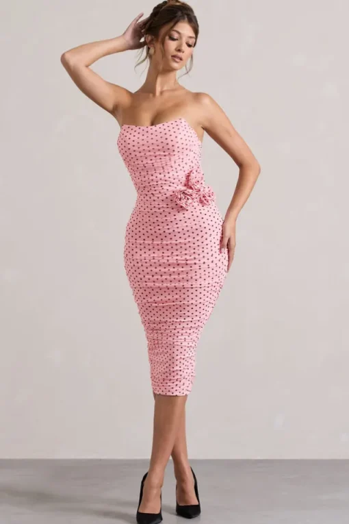 Lille | Pink Polka Dot Ruched Mesh Strapless Midi Dress With Corsage