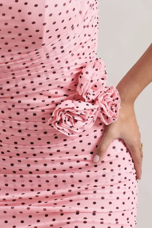 Lille | Pink Polka Dot Ruched Mesh Strapless Midi Dress With Corsage