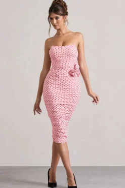 Lille | Pink Polka Dot Ruched Mesh Strapless Midi Dress With Corsage