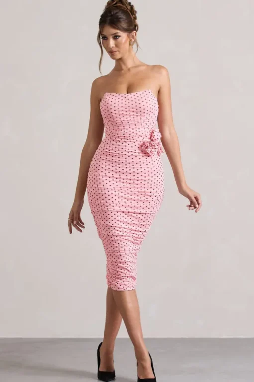 Lille | Pink Polka Dot Ruched Mesh Strapless Midi Dress With Corsage
