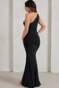 Lilou | Black One Shoulder Wrap Skirt Maxi Dress