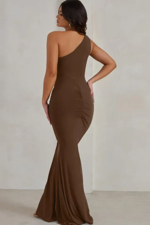 Lilou | Chocolate One Shoulder Wrap Skirt Maxi Dress