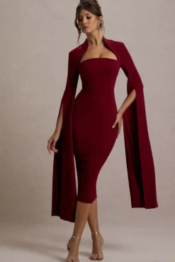 Linden | Berry Bodycon Cape-Sleeve Midi Dress