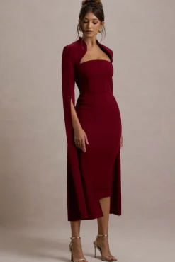Linden | Berry Bodycon Cape-Sleeve Midi Dress