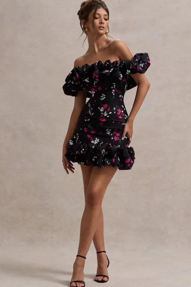 Lindo | Black Ditsy Floral Print Ruffled Bardot Mini Dress