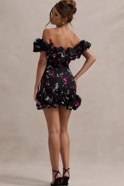 Lindo | Black Ditsy Floral Print Ruffled Bardot Mini Dress