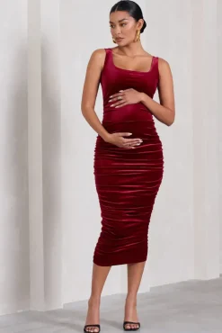 Lisbon | Berry Velvet Maternity Square Neck Ruched Midi Dress