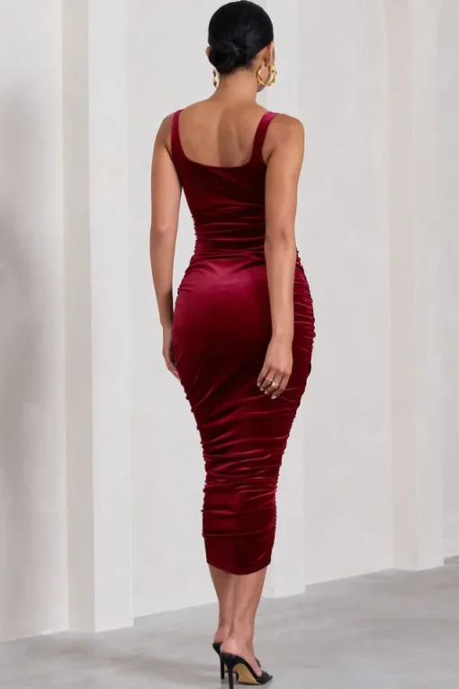 Lisbon | Berry Velvet Maternity Square Neck Ruched Midi Dress