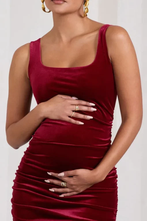 Lisbon | Berry Velvet Maternity Square Neck Ruched Midi Dress