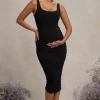 Lisbon | Black Maternity Square Neck Ruched Midi Dress
