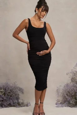 Lisbon | Black Maternity Square Neck Ruched Midi Dress