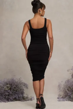 Lisbon | Black Maternity Square Neck Ruched Midi Dress