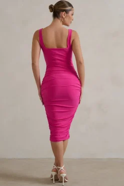 Lisbon | Hot Pink Square Neck Ruched Midi Dress