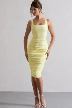 Lisbon | Lemon Square Neck Ruched Midi Dress