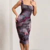 Lisbon | Marble Blue Print Square Neck Ruched Midi Dress