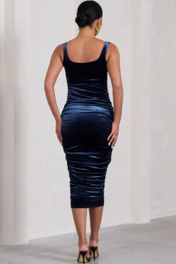 Lisbon | Navy Velvet Maternity Square Neck Ruched Midi Dress