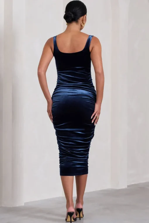 Lisbon | Navy Velvet Maternity Square Neck Ruched Midi Dress