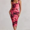 Lisbon | Pink Printed Square Neck Ruched Midi Dress