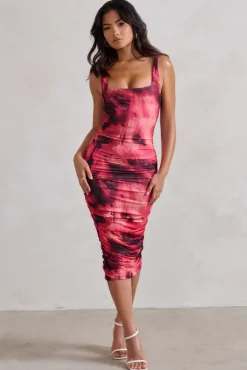 Lisbon | Pink Printed Square Neck Ruched Midi Dress