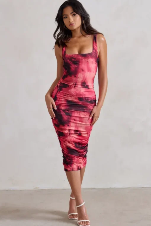 Lisbon | Pink Printed Square Neck Ruched Midi Dress