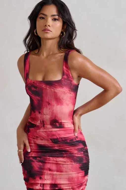 Lisbon | Pink Printed Square Neck Ruched Midi Dress