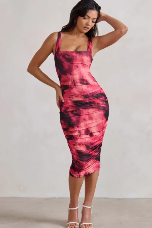 Lisbon | Pink Printed Square Neck Ruched Midi Dress