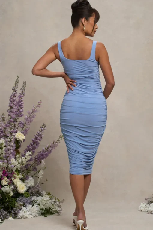 Lisbon | Powder Blue Maternity Square Neck Ruched Midi Dress