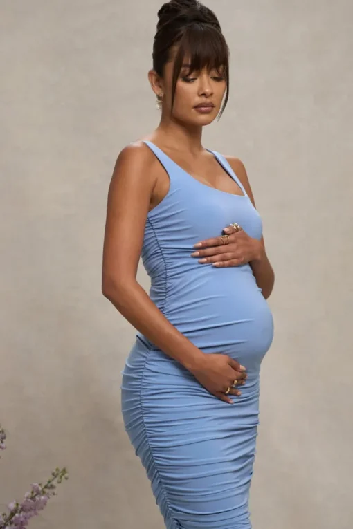 Lisbon | Powder Blue Maternity Square Neck Ruched Midi Dress