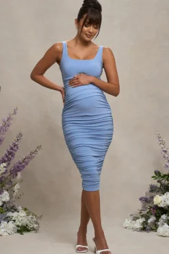 Lisbon | Powder Blue Maternity Square Neck Ruched Midi Dress