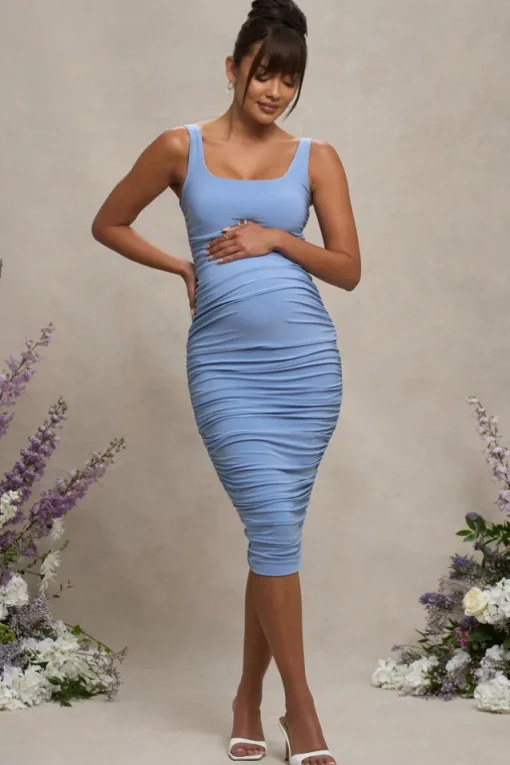 Lisbon | Powder Blue Maternity Square Neck Ruched Midi Dress