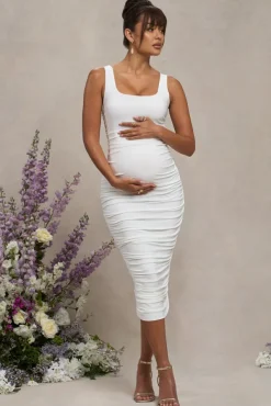 Lisbon | White Maternity Square Neck Ruched Midi Dress