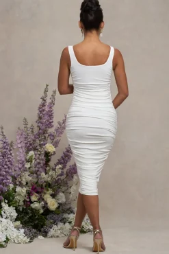 Lisbon | White Maternity Square Neck Ruched Midi Dress