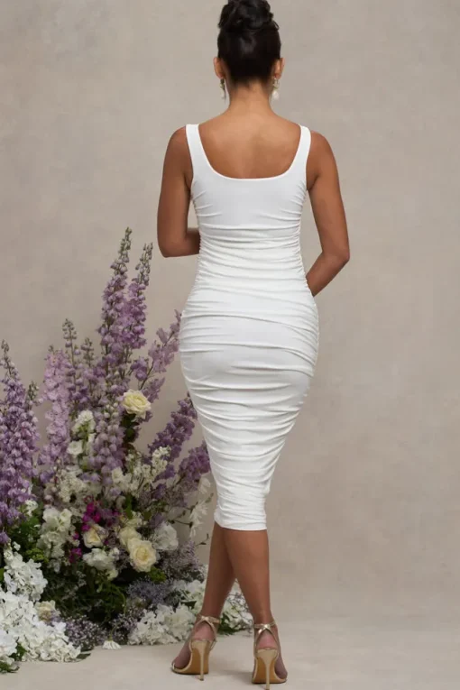Lisbon | White Maternity Square Neck Ruched Midi Dress