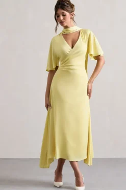 Lisette | Lemon Asymmetric Flutter-Sleeve Maxi Dress