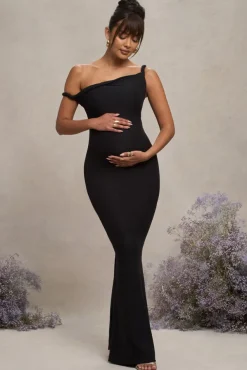 Lita | Black Twisted Asymmetric Maternity Maxi Dress