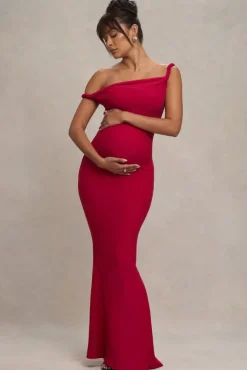 Lita | Red Twisted Asymmetric Maternity Maxi Dress