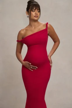 Lita | Red Twisted Asymmetric Maternity Maxi Dress