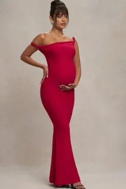 Lita | Red Twisted Asymmetric Maternity Maxi Dress