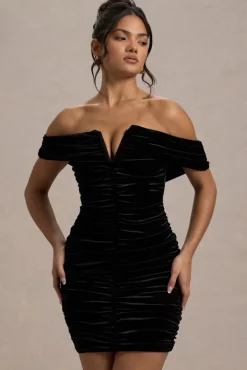 Little Glint | Black Velvet Ruched Bardot V-Neck Mini Dress