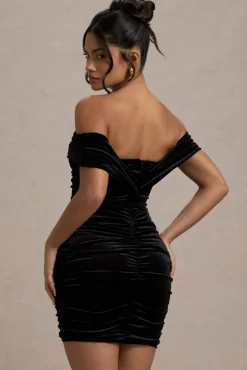 Little Glint | Black Velvet Ruched Bardot V-Neck Mini Dress