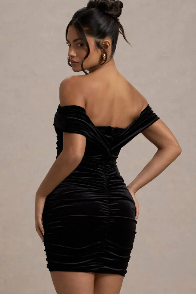 Little Glint | Black Velvet Ruched Bardot V-Neck Mini Dress