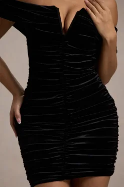 Little Glint | Black Velvet Ruched Bardot V-Neck Mini Dress