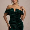 Little Glint | Bottle Green Velvet Ruched Bardot V-Neck Mini Dress