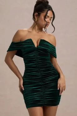 Little Glint | Bottle Green Velvet Ruched Bardot V-Neck Mini Dress