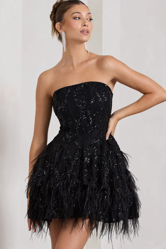 Little Wish | Black Sequin Lace Strapless Mini Dress With Feathers
