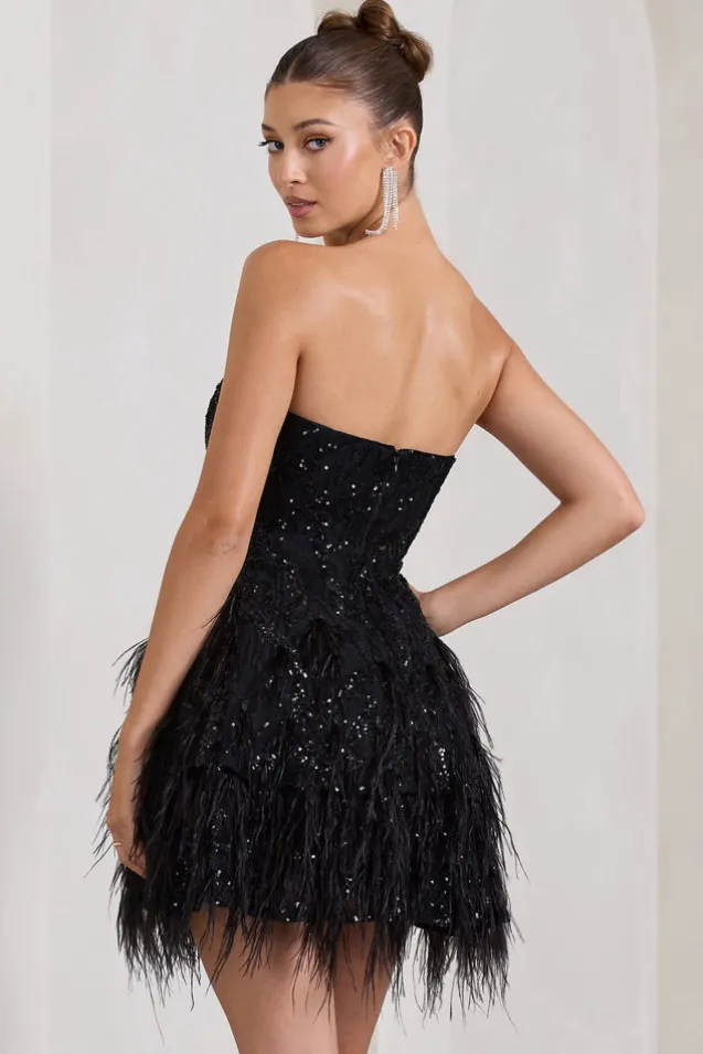 Little Wish | Black Sequin Lace Strapless Mini Dress With Feathers
