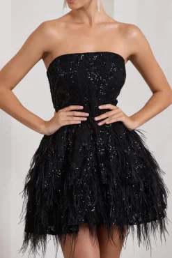 Little Wish | Black Sequin Lace Strapless Mini Dress With Feathers