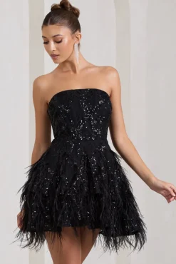 Little Wish | Black Sequin Lace Strapless Mini Dress With Feathers