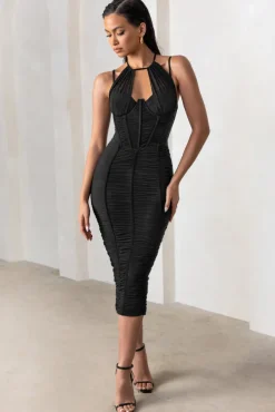 Liveliness | Black Halter Neck Midi Dress With Mesh Overlay